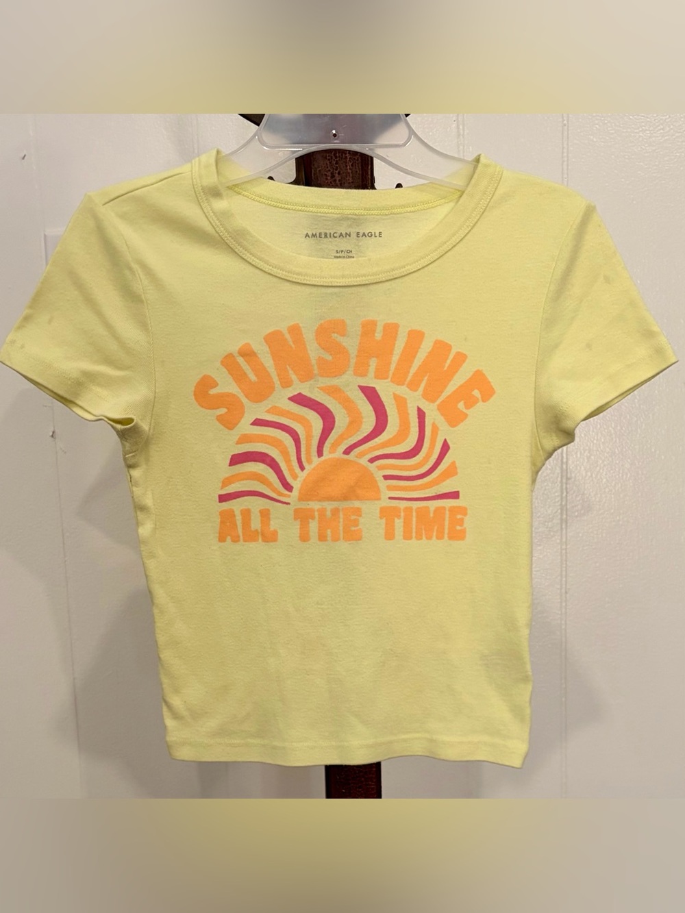 American Eagle Cropped Yellow Baby Tee, ‘Sunshine All the Time’ Size Small